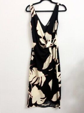 H&M Black & Red Floral Wrap Around Sleeveless V Neck Midi Dress - Sz Small
